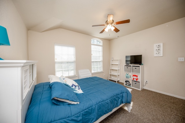 bedroom featuring lofted ceiling, carpet floors, and ceiling fan