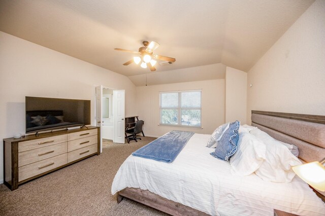 4609 Buescher Ct, Pearland, TX 77584 - carpeted bedroom with lofted ceiling and a ceiling fan