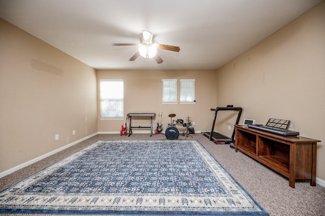 4609 Buescher Ct, Pearland, TX 77584 - workout area with ceiling fan, carpet, and baseboards