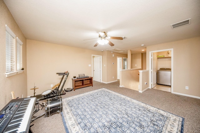 4609 Buescher Ct, Pearland, TX 77584 - interior space with ceiling fan, visible vents, washer / dryer, and carpet flooring