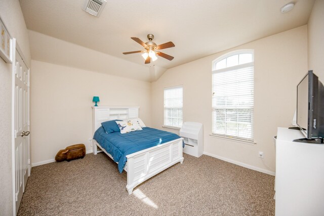 4609 Buescher Ct, Pearland, TX 77584 - bedroom featuring visible vents, vaulted ceiling, carpet floors, and baseboards