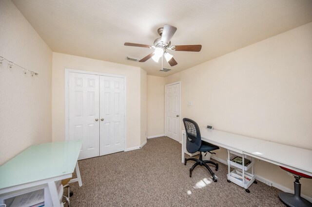 4609 Buescher Ct, Pearland, TX 77584 - unfurnished office with carpet, visible vents, a ceiling fan, and baseboards