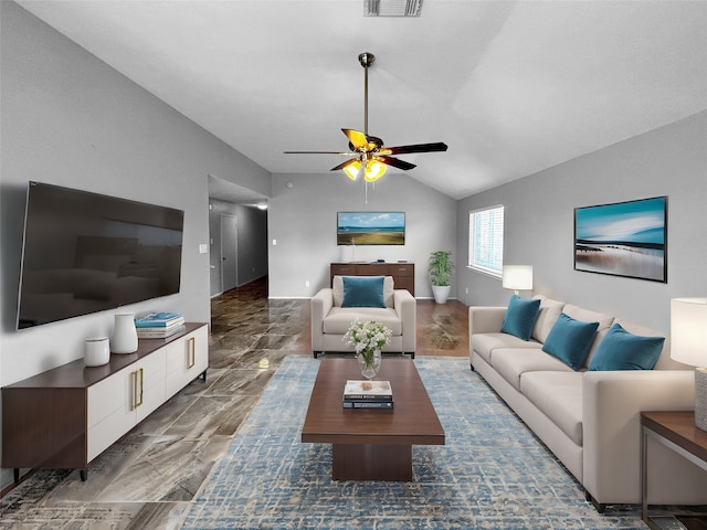 living room featuring vaulted ceiling and ceiling fan