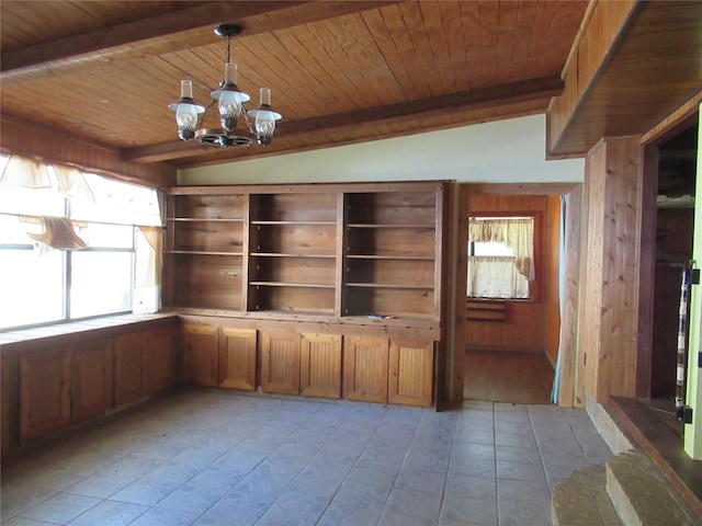 interior space featuring vaulted ceiling with beams, an inviting chandelier, wooden walls, and wooden ceiling