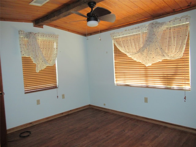 spare room featuring ceiling fan, wooden ceiling, vaulted ceiling with beams, and dark hardwood / wood-style floors