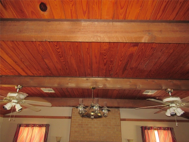 interior details with beam ceiling, wood ceiling, and ceiling fan with notable chandelier