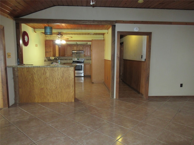 kitchen featuring wooden ceiling, stainless steel electric range, light tile patterned floors, and kitchen peninsula