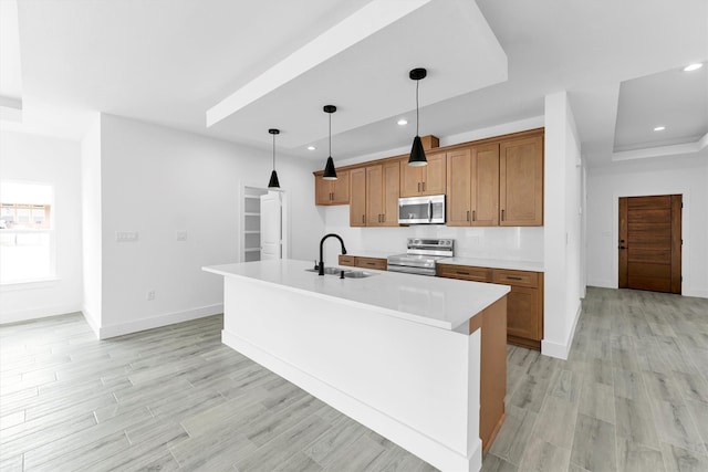 kitchen with appliances with stainless steel finishes, sink, an island with sink, and light hardwood / wood-style floors