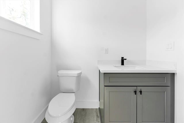 bathroom with toilet, vanity, and wood-type flooring