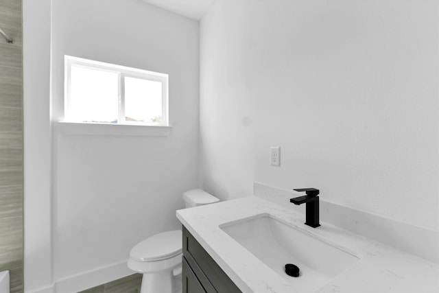 bathroom featuring a shower, vanity, and toilet