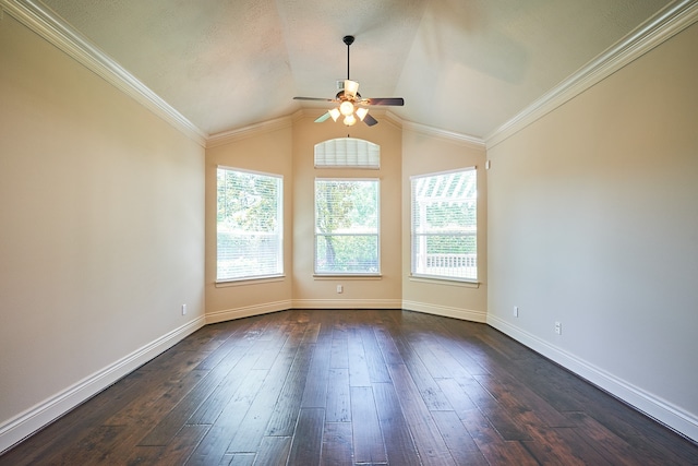 unfurnished room with ornamental molding, dark wood-type flooring, vaulted ceiling, and ceiling fan