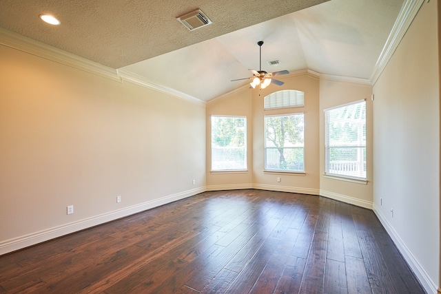 unfurnished room featuring ceiling fan, crown molding, and dark hardwood / wood-style flooring