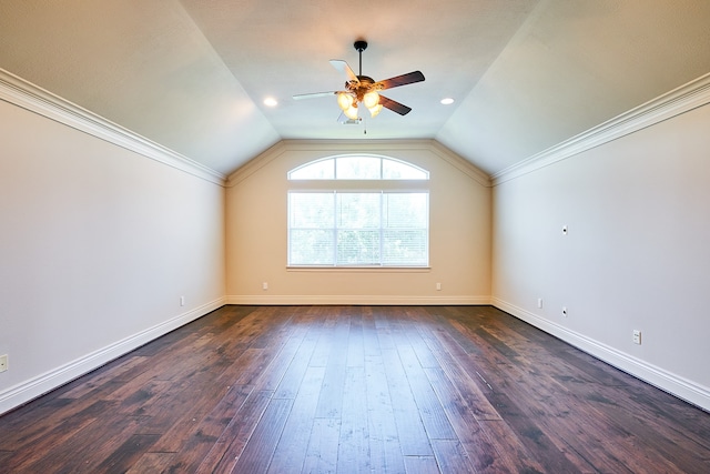 bonus room with ceiling fan, vaulted ceiling, and dark hardwood / wood-style flooring