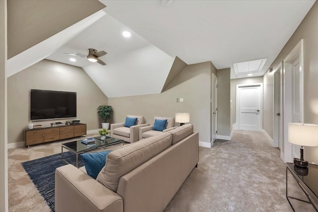 carpeted living room with ceiling fan and lofted ceiling