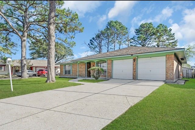 single story home featuring concrete driveway, brick siding, an attached garage, and a front lawn