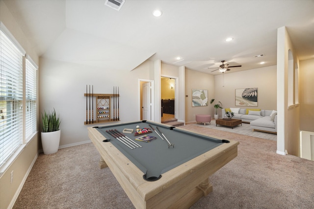 game room with light carpet, billiards, and ceiling fan