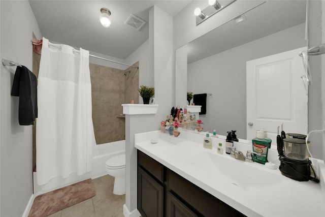 full bathroom featuring toilet, shower / bath combination with curtain, vanity, and tile patterned floors