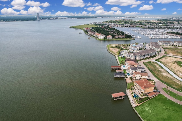 bird's eye view with a water view