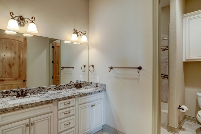 full bathroom featuring vanity, toilet, shower with separate bathtub, and tile patterned flooring