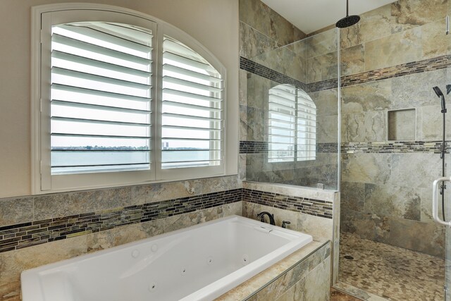 bathroom featuring a wealth of natural light and separate shower and tub