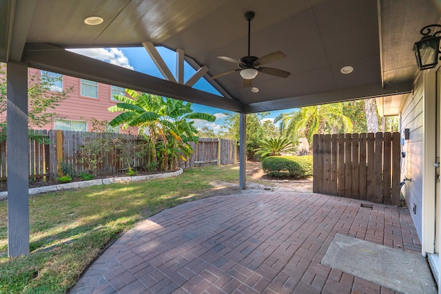 view of patio featuring ceiling fan