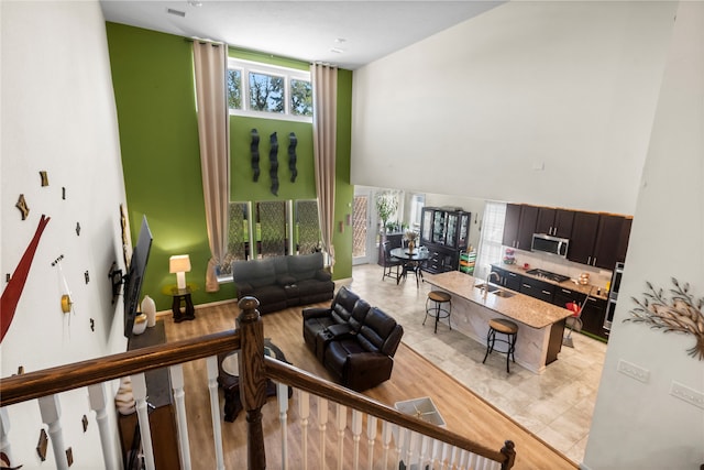 living room featuring light hardwood / wood-style flooring and sink