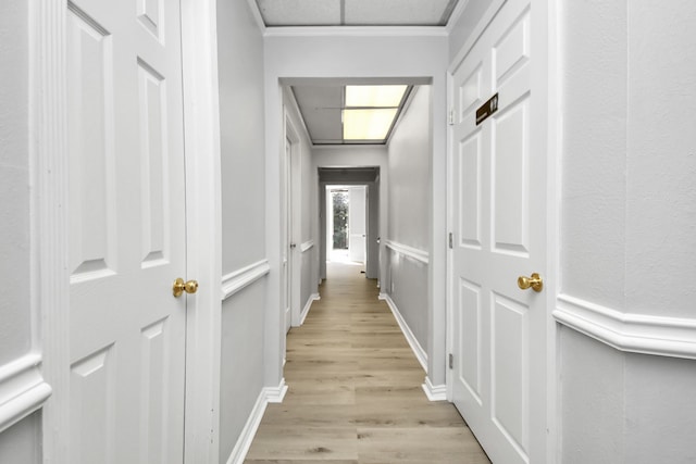 corridor with crown molding and light hardwood / wood-style flooring