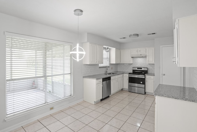 kitchen featuring sink, white cabinets, decorative light fixtures, and stainless steel appliances