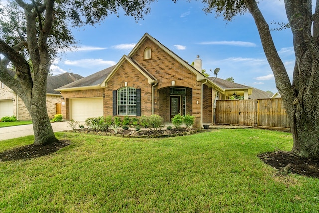 view of front of house with a front yard and a garage