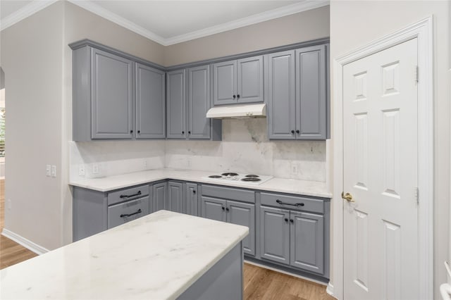 kitchen featuring gray cabinetry, backsplash, white stovetop, dark wood-type flooring, and crown molding