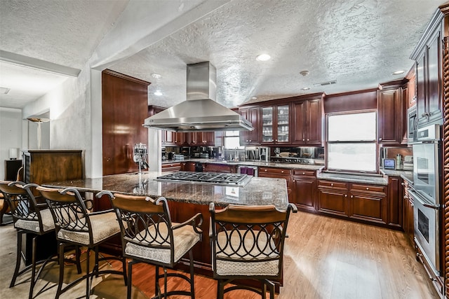 kitchen featuring plenty of natural light, island exhaust hood, a textured ceiling, and light wood-type flooring