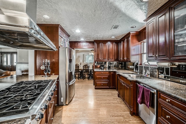 kitchen with a textured ceiling, light hardwood / wood-style floors, stainless steel appliances, and a healthy amount of sunlight