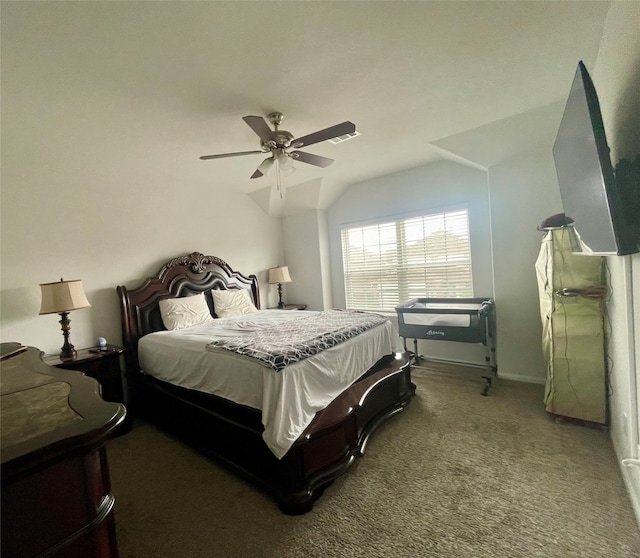 carpeted bedroom featuring ceiling fan and lofted ceiling