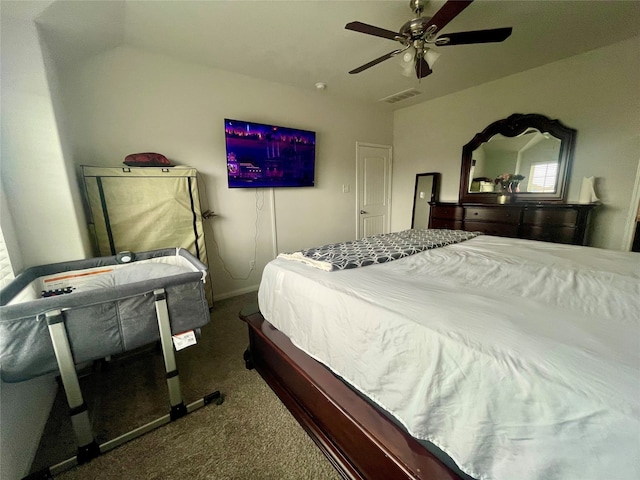 carpeted bedroom with ceiling fan