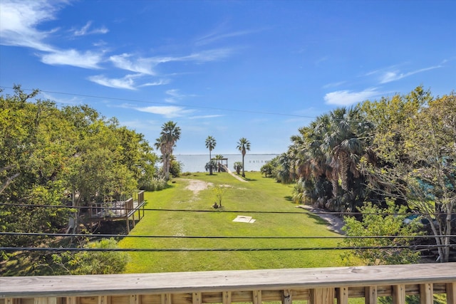 view of property's community with a water view and a yard