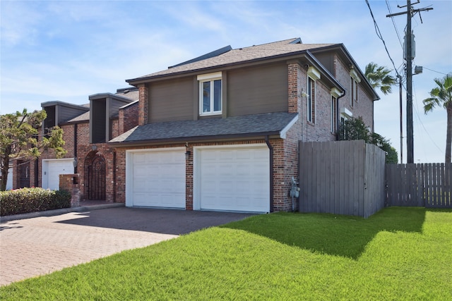 view of property featuring a front lawn and a garage