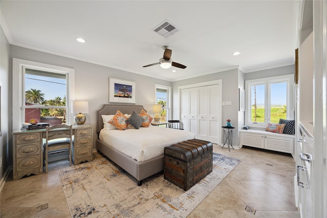 7109 Broadway St, Galveston, TX 77554 - bedroom featuring ornamental molding, multiple windows, recessed lighting, and visible vents