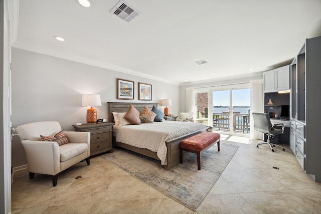 bedroom featuring ornamental molding and access to exterior