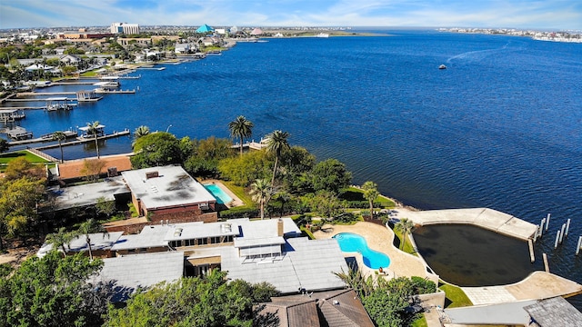 aerial view featuring a water view