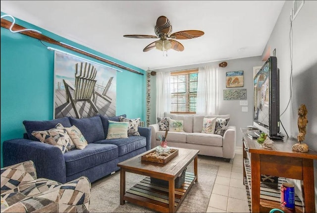 tiled living room featuring ceiling fan