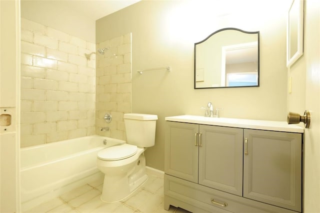 full bathroom with vanity, tiled shower / bath combo, toilet, and tile patterned flooring