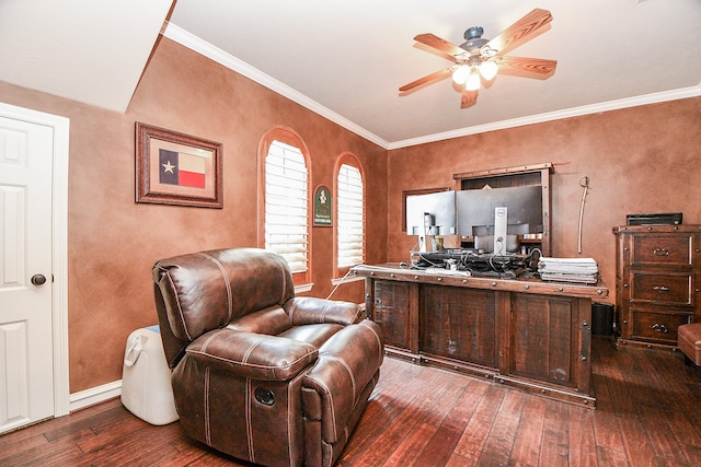 office area featuring baseboards, ornamental molding, ceiling fan, and hardwood / wood-style floors