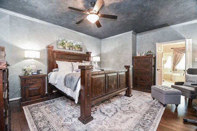 bedroom featuring wood-type flooring, a ceiling fan, and crown molding