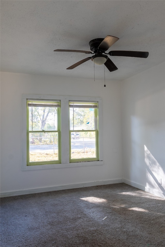 empty room with a wealth of natural light, a textured ceiling, carpet, and ceiling fan