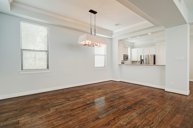 interior space with sink, crown molding, a raised ceiling, and dark hardwood / wood-style flooring