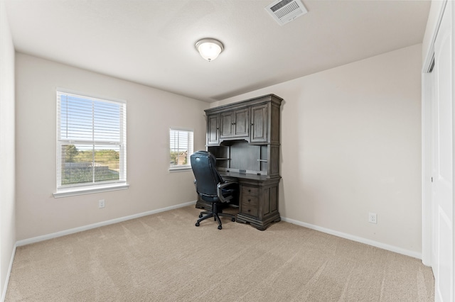 home office with light colored carpet