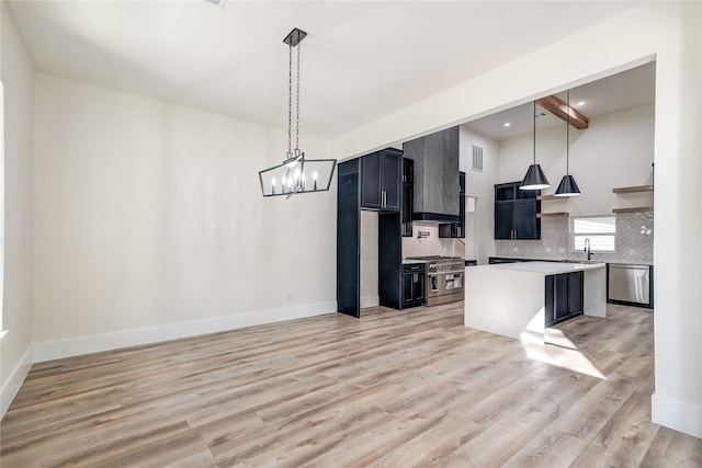 kitchen with backsplash, a center island, pendant lighting, and appliances with stainless steel finishes