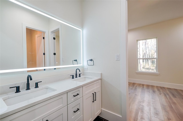 bathroom with hardwood / wood-style flooring and vanity