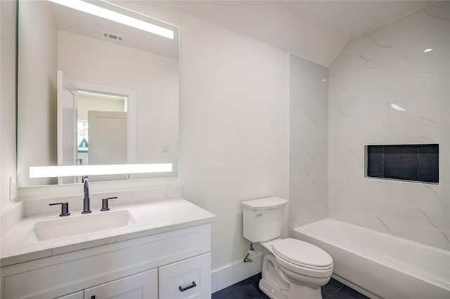 full bathroom featuring vanity, tile patterned floors, vaulted ceiling, toilet, and shower / bathing tub combination