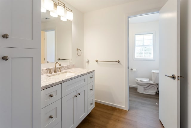 bathroom with vanity, wood-type flooring, and toilet